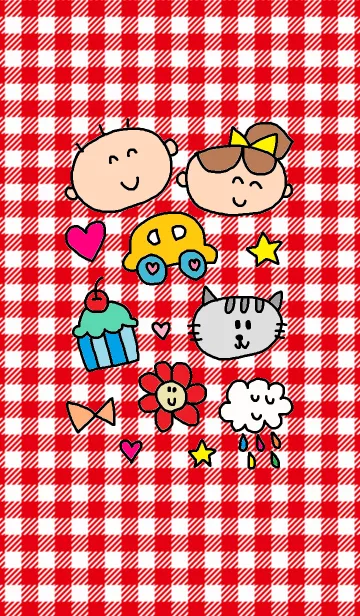 [LINE着せ替え] ハッピーこどもたち x 赤色チェックの画像1