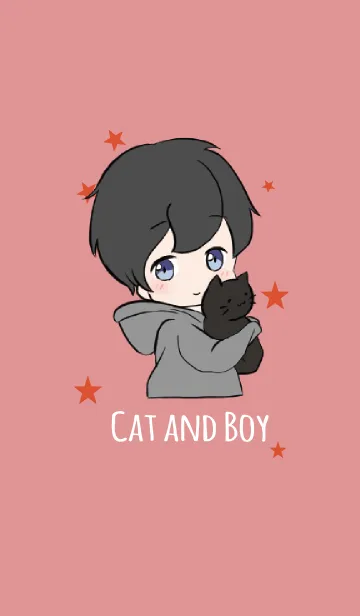 [LINE着せ替え] レッド 赤 / ネコと男の子の画像1