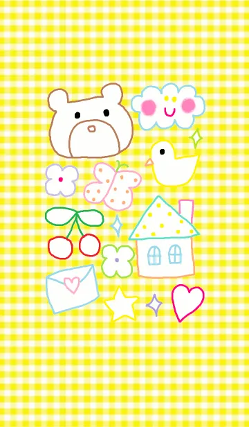 [LINE着せ替え] Colorful x Happy bear theme yellow checkの画像1