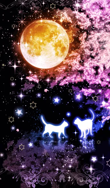 [LINE着せ替え] 桜と満月と猫の幻想的な着せかえの画像1