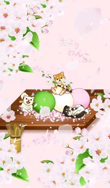 [LINE着せ替え] 花よりわんこ（柴犬、桜吹雪、団子、春）の画像1