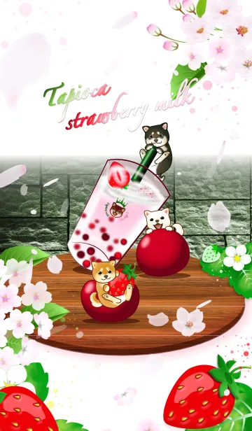 [LINE着せ替え] 柴犬とタピオカ苺ミルク（いちご、桜）の画像1